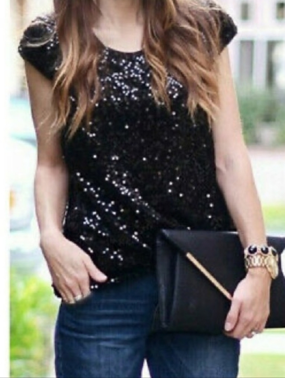 Loft Black Full Sequin Short Sleeve Top New With Tags